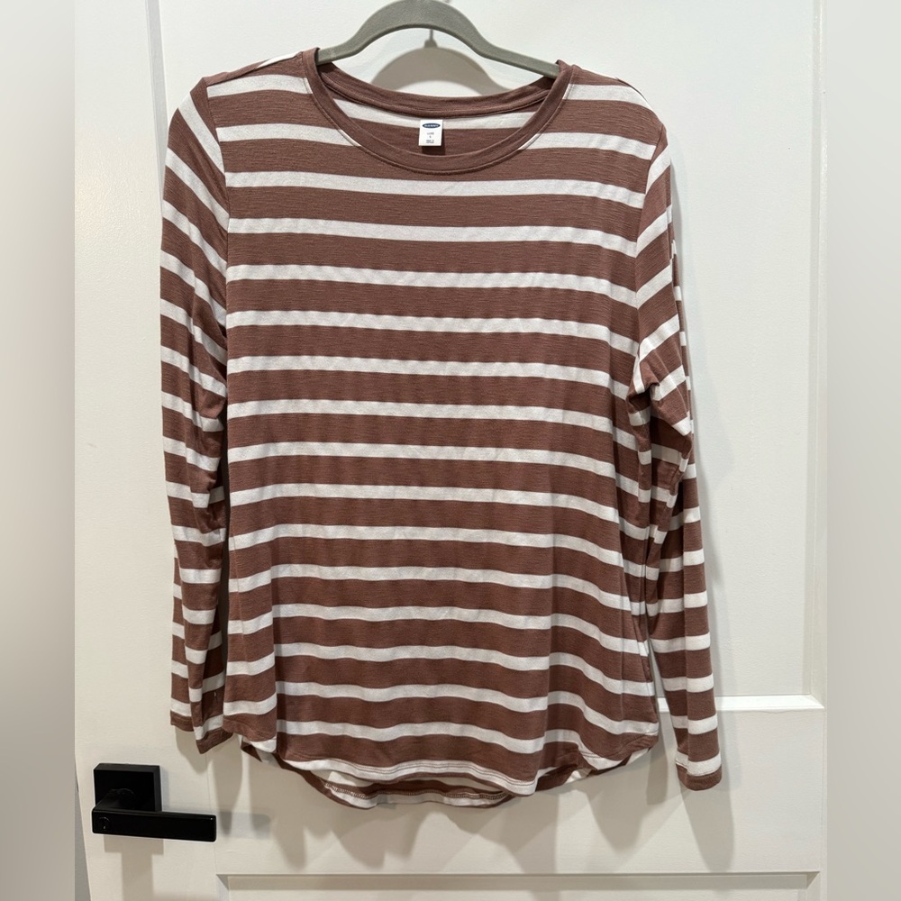 Old Navy Brown and White Striped Long Sleeve Top Size Large